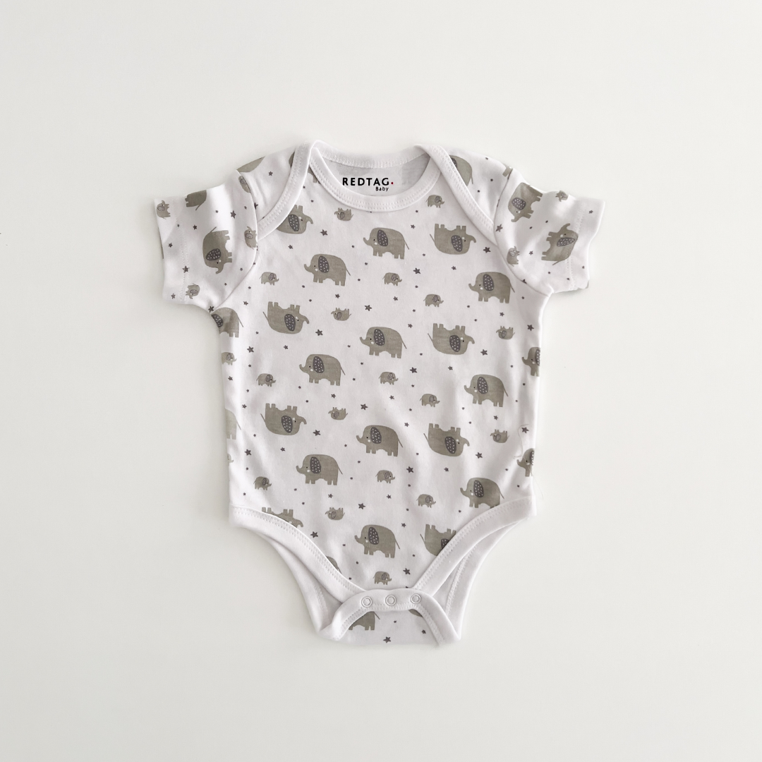 GREY ELEPHANT PRINT ONESIE