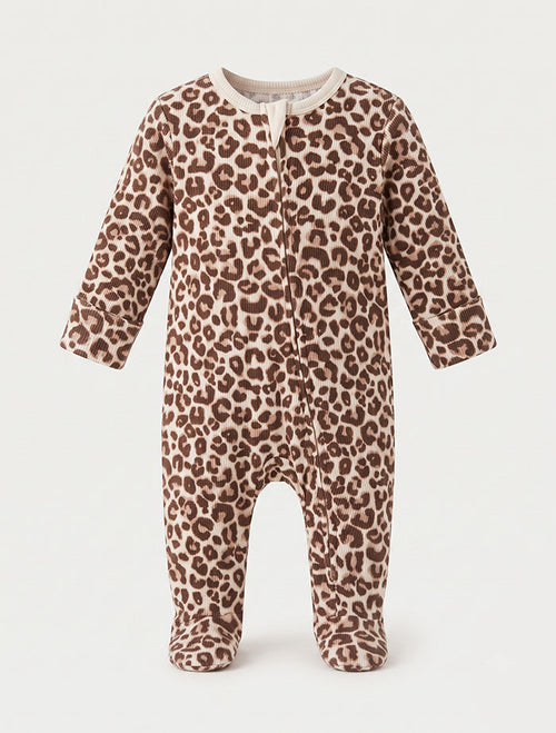 Leopard printed ribbed 2 way zipper sleepsuit