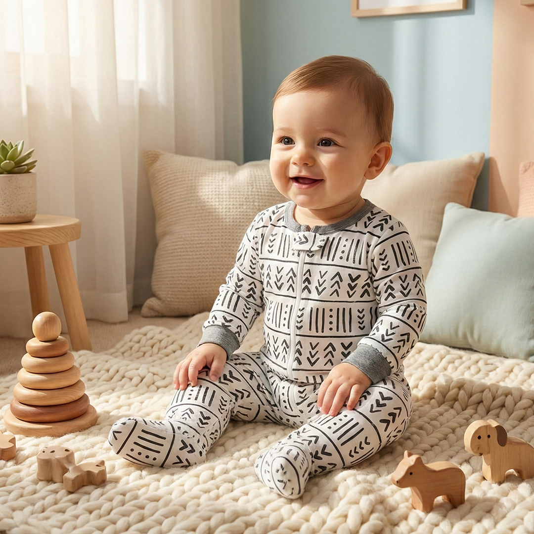 BLACK AND WHITE PATTERNED SLIM FIT SLEEPSUIT