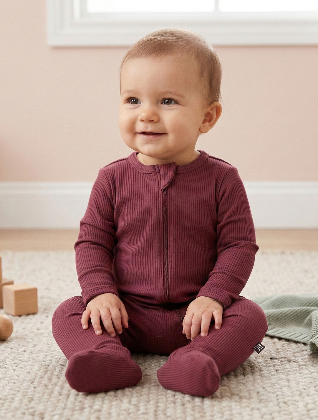 WINE COLORED RIBBED VISCOUS SLEEPSUIT
