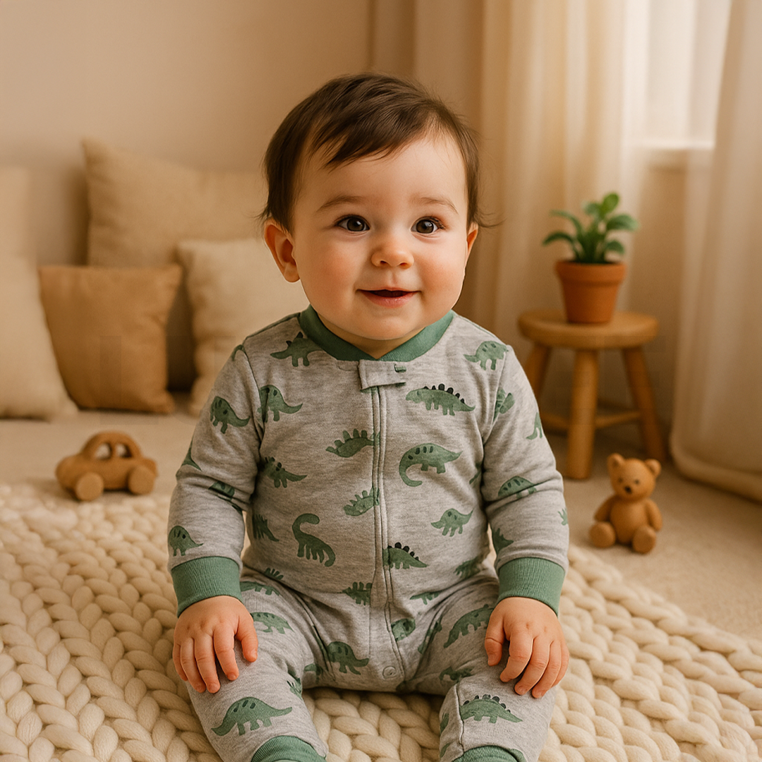 GREY GREEN DINO SLEEPSUIT