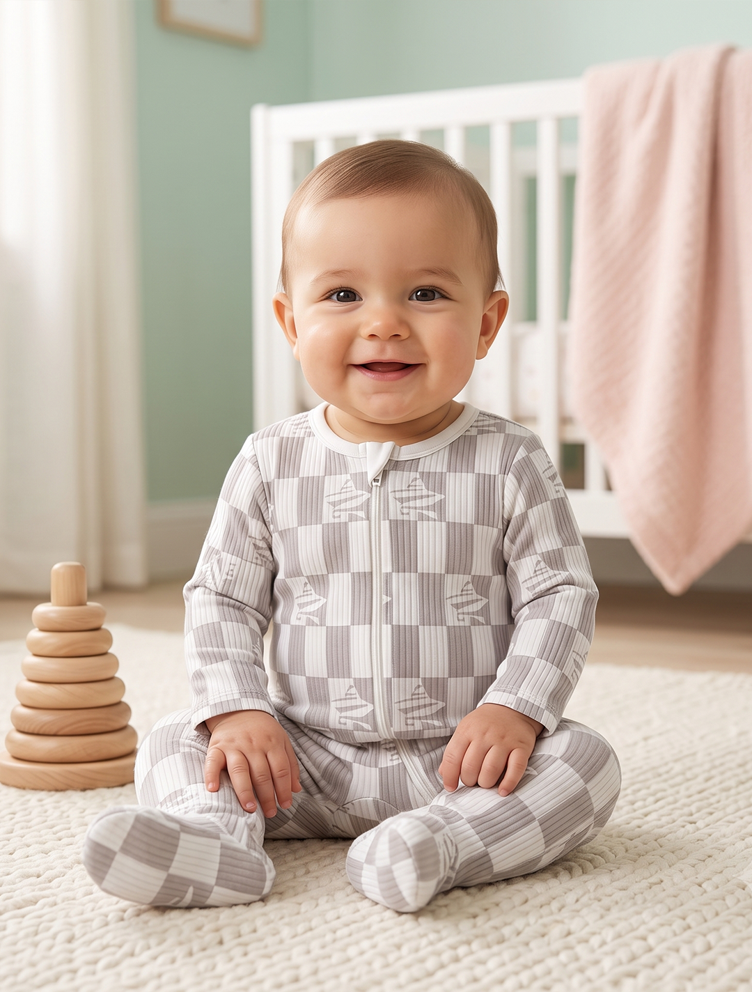 Grey and white ribbed sleepsuit