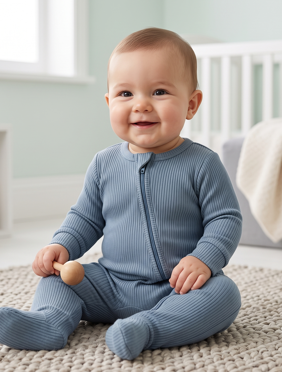 Blue ribbed zipper sleepsuit