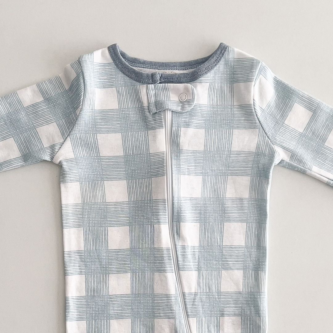 BLUE AND WHITE GINGHAM PRINT SLEEPSUIT