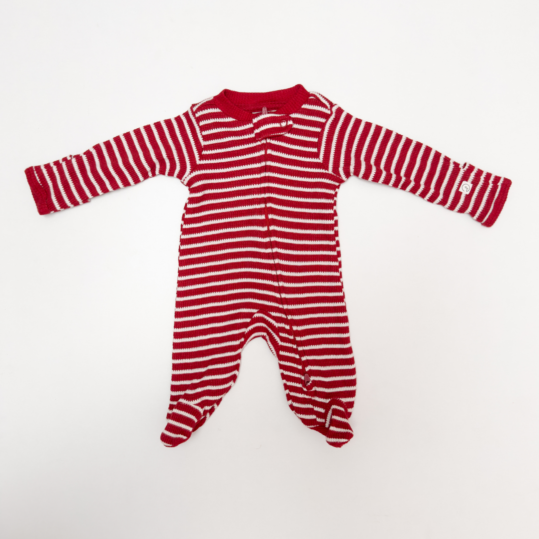 RED KNITTED STRIPED SLEEPSUIT