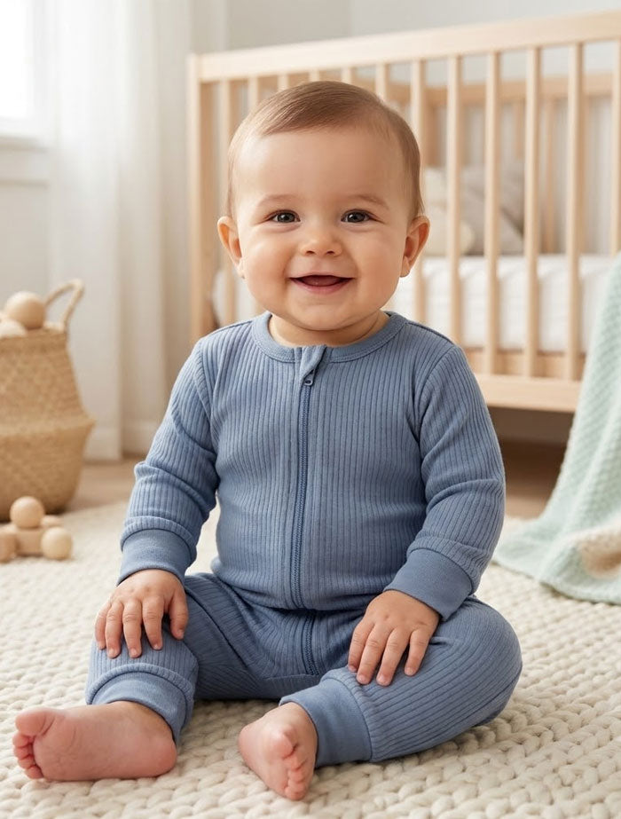 Blue ribbed 2 way zipper ribbed romper