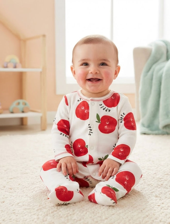 Red apple printed button sleep suit