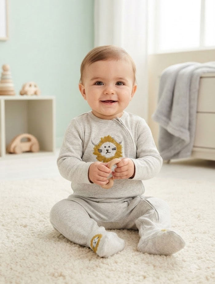 Beige lion zipper sleep suit
