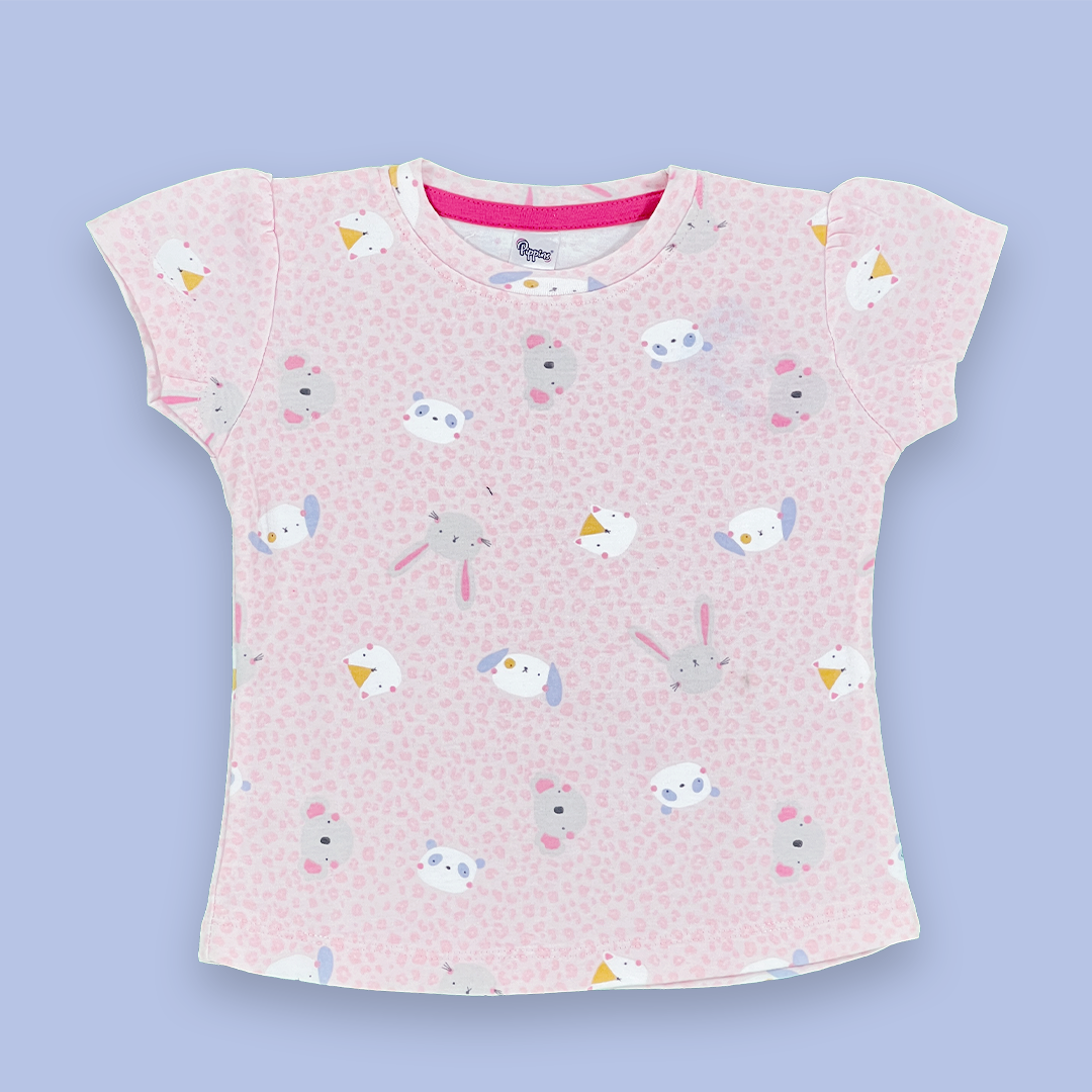 Cute Puppy Face Printed Light Pink Color Two Piece for Girls | 18-24 Months |