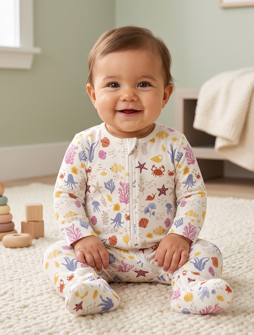 Offwhitle ocean patterned sleepsuit