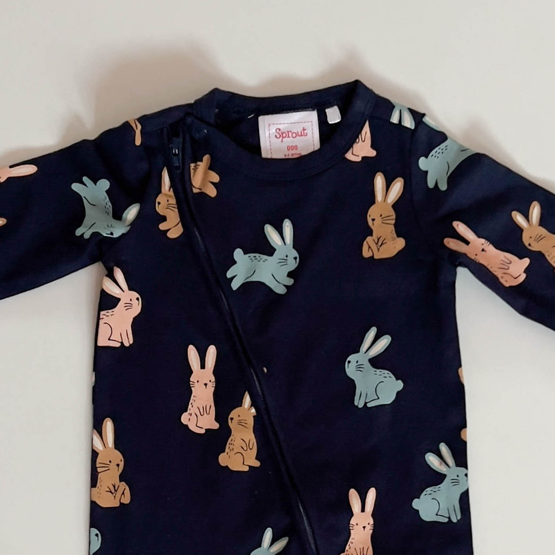 BUNNY PRINTED BLUE ZIPPER ROMPER