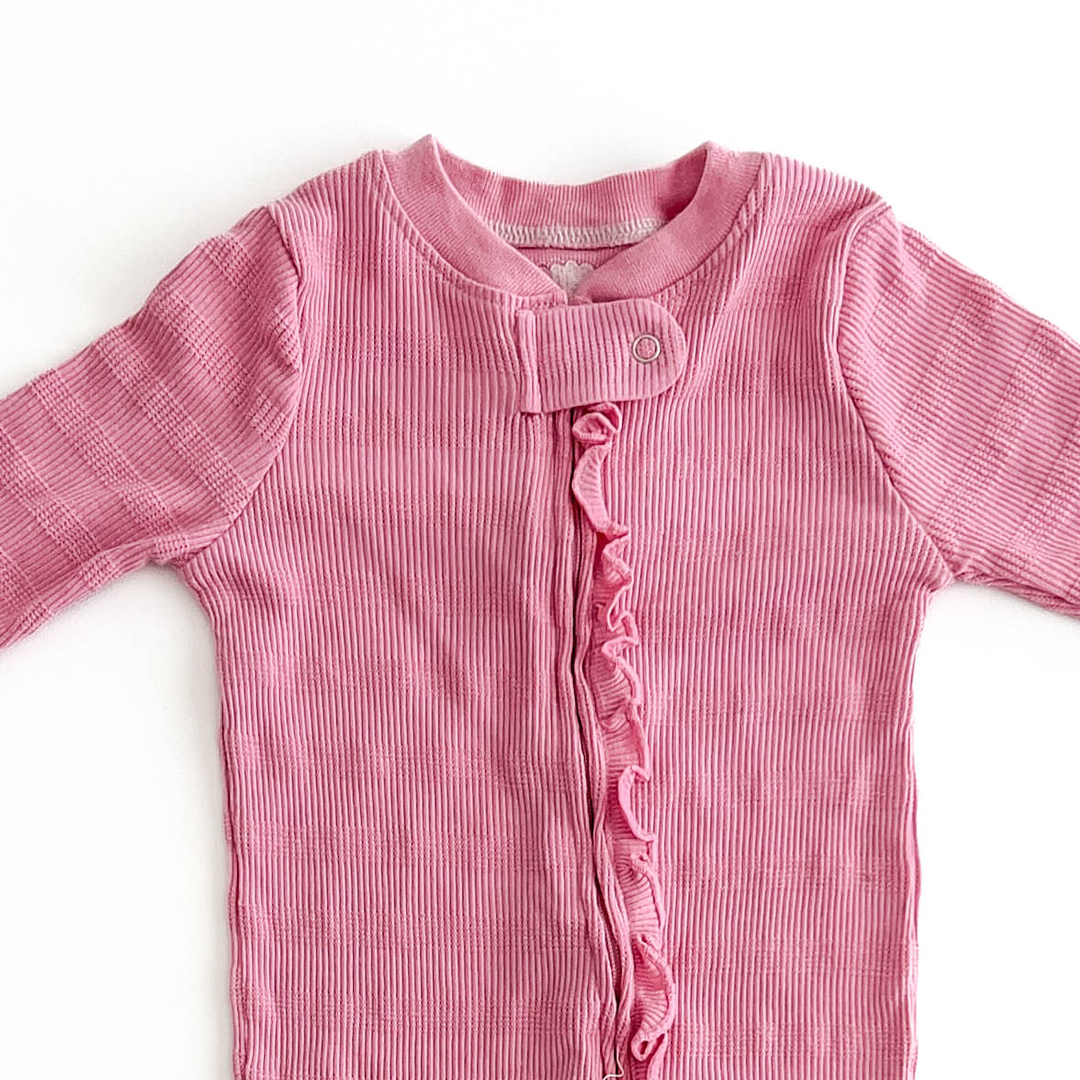 PINK RIBBED FRONT RUFFLED SLEEPSUIT