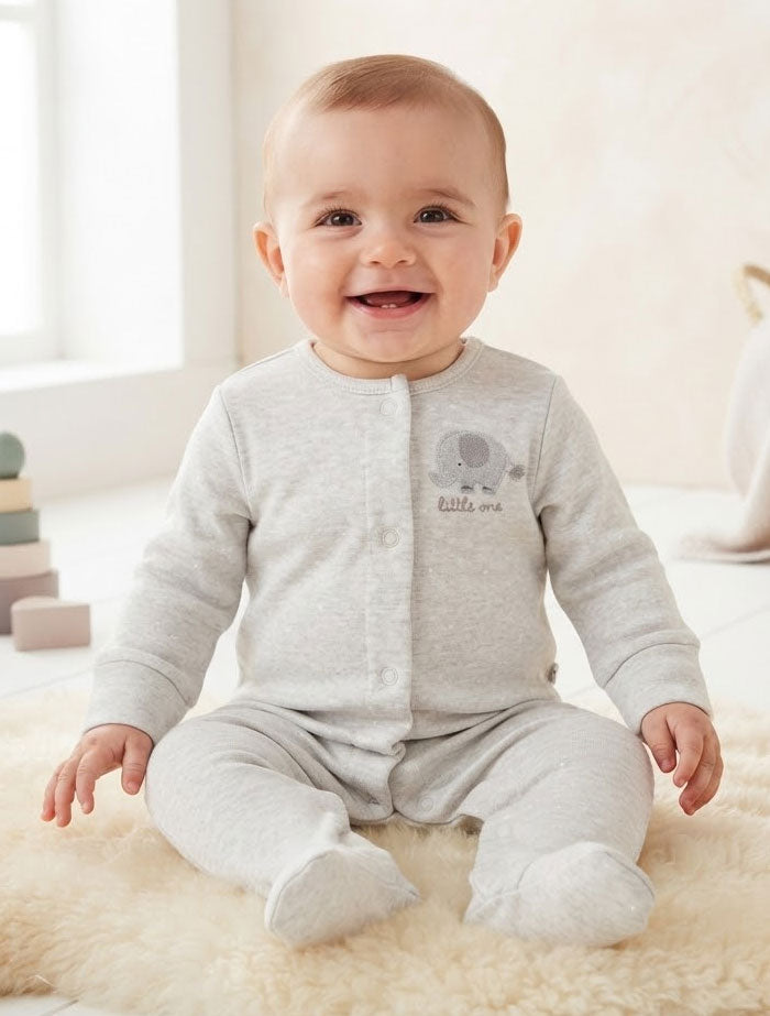 Grey little elephant button sleep suit