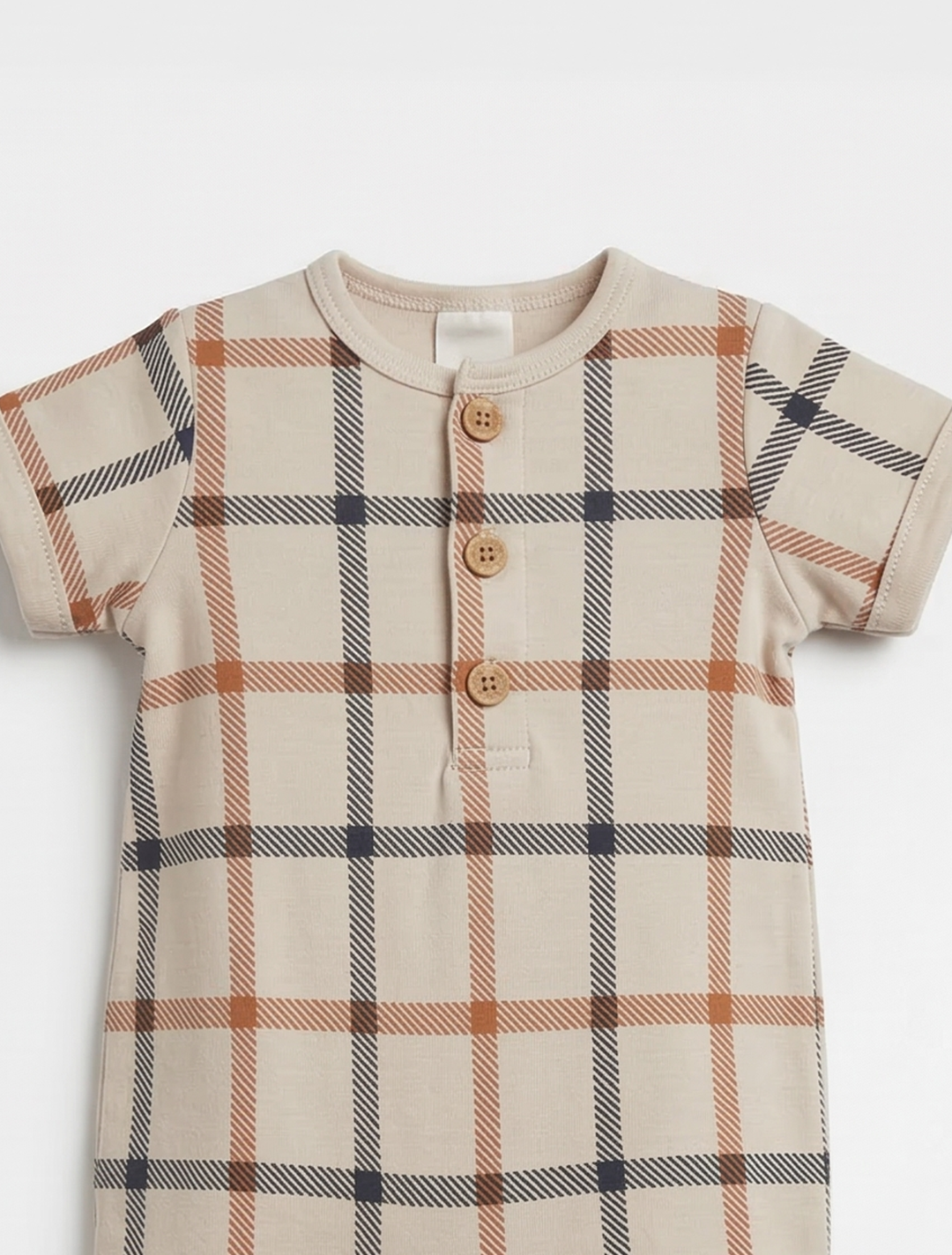 BEIGE CHECK BUTTON ROMPER