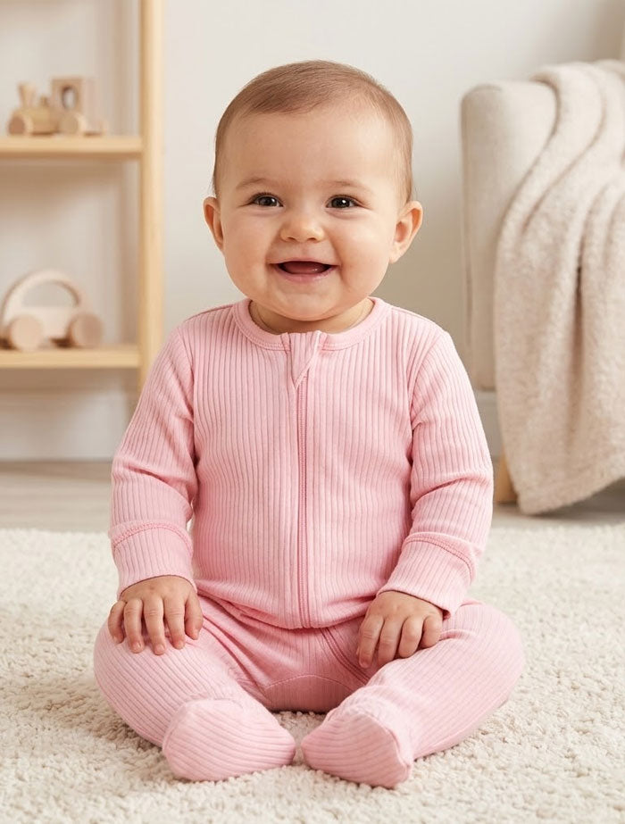 Pink ribbed 2 way zipper sleepsuit