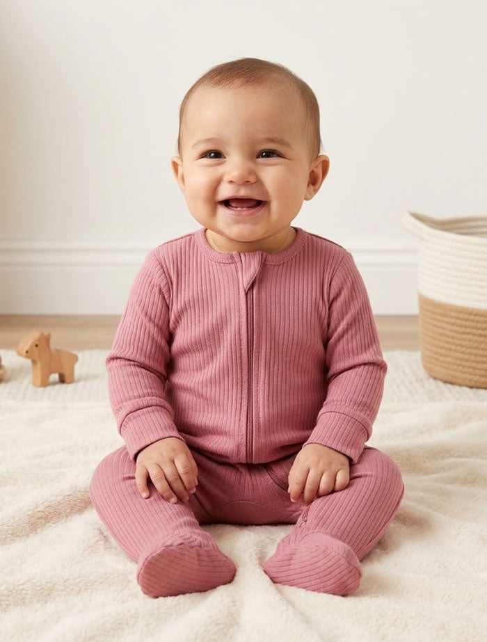 Pink ribbed 2 way zipper sleepsuit
