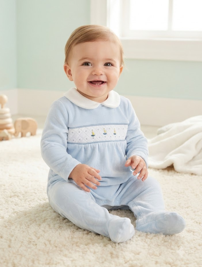 Little Sailor Smocked Velour Sleepsuit – Sky Blue