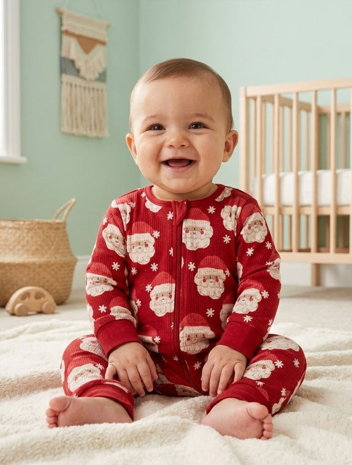 Red santa claus ribbed 2 way zipper sleepsuit