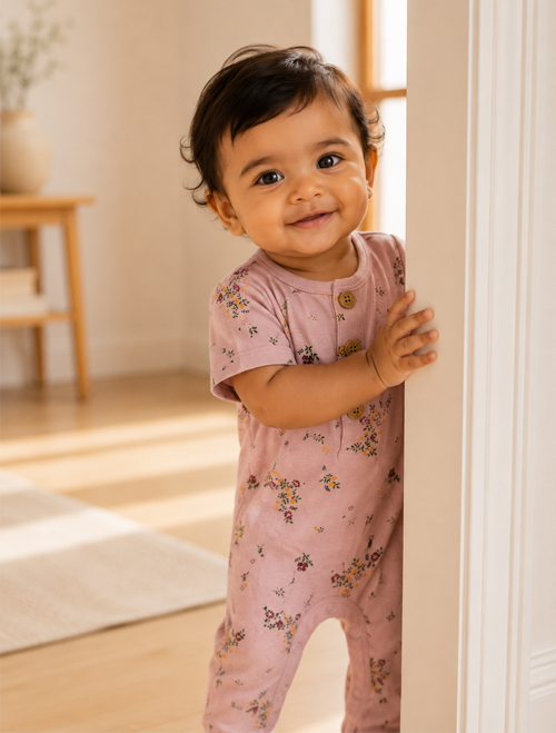 Pink floral button romper