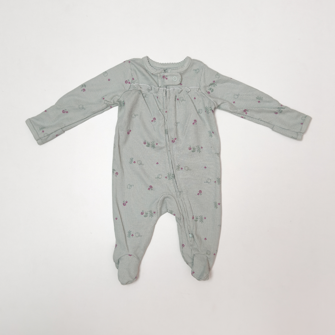 SAGE GREEN KNITTED FLORAL ZIPPER SLEEPSUIT