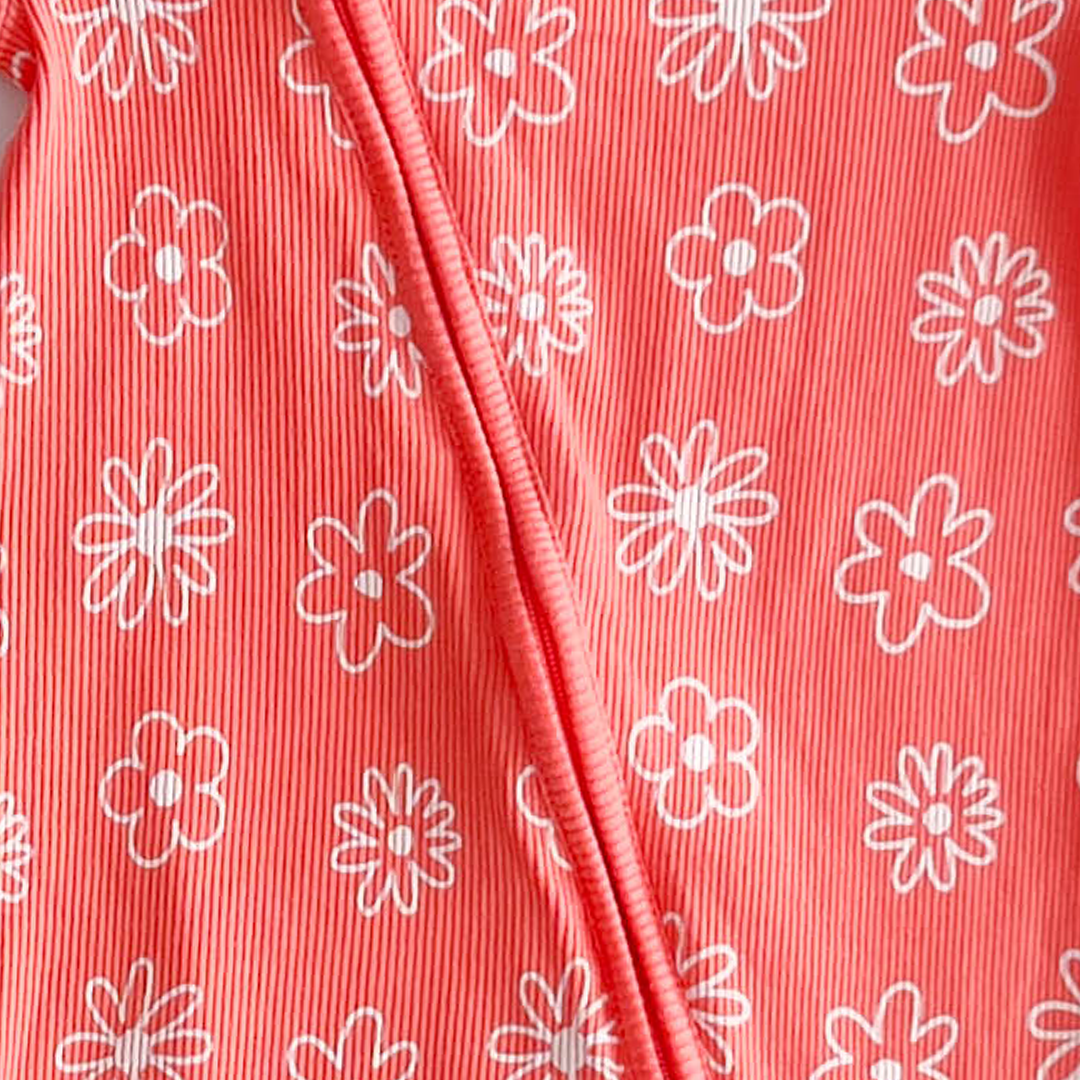 PEACH ORANGE FLORAL RIBBED ROMPER