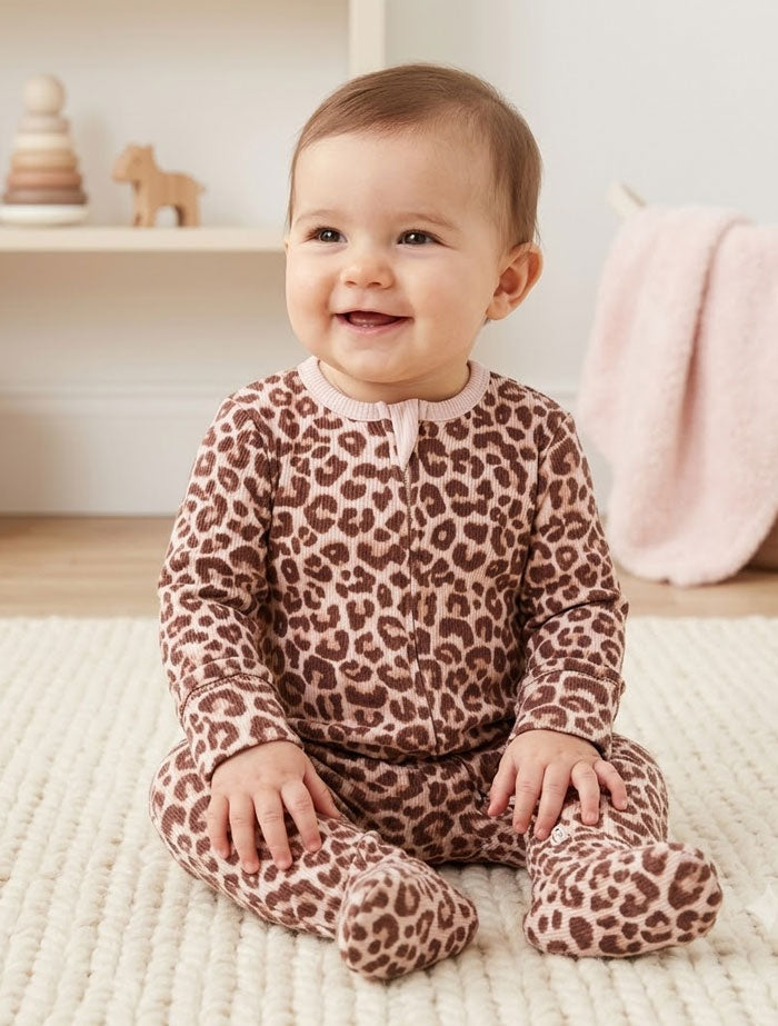 Leopard printed ribbed 2 way zipper sleepsuit