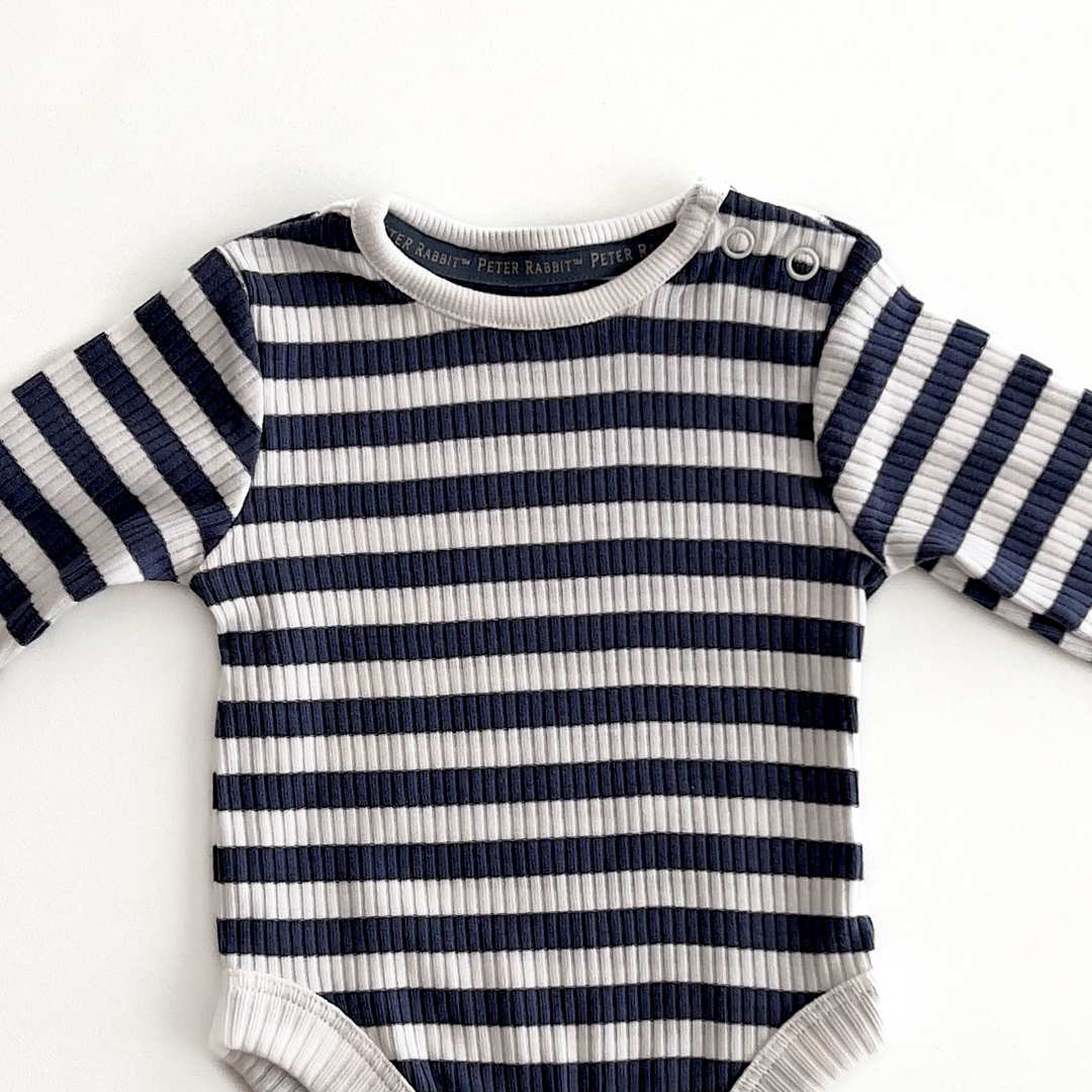 WHITE AND NAVY BLUE STRIPES RIBBED ONESIE