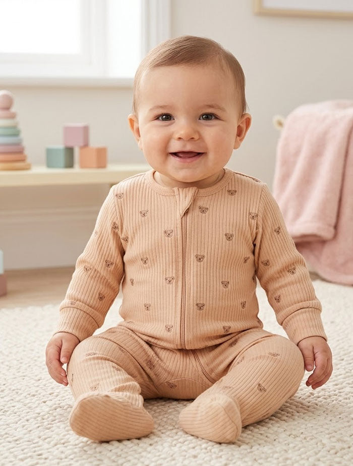 Dark beige bear ribbed sleepsuit