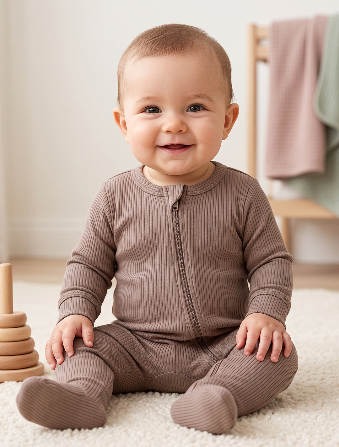 Beige ribbed zipper sleepsuit