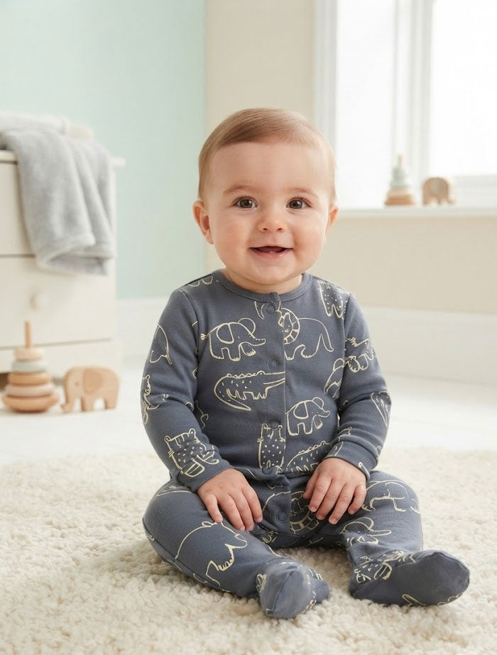 Blue animal printed button sleep suit
