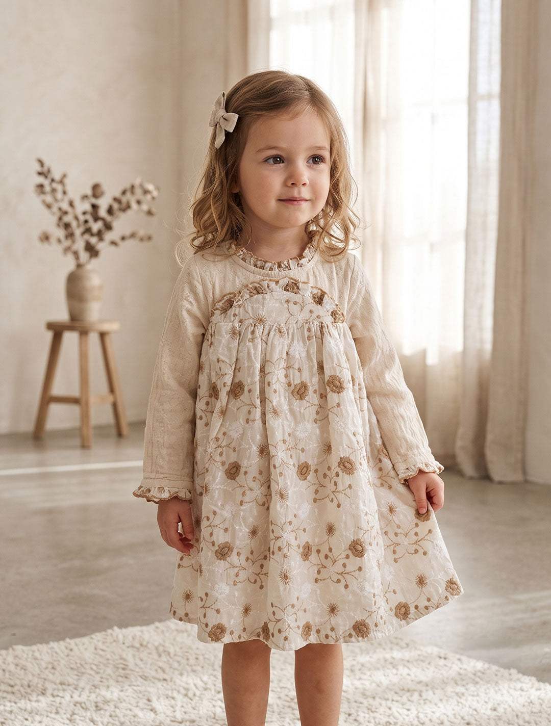 Girls beige floral print long sleeve dress