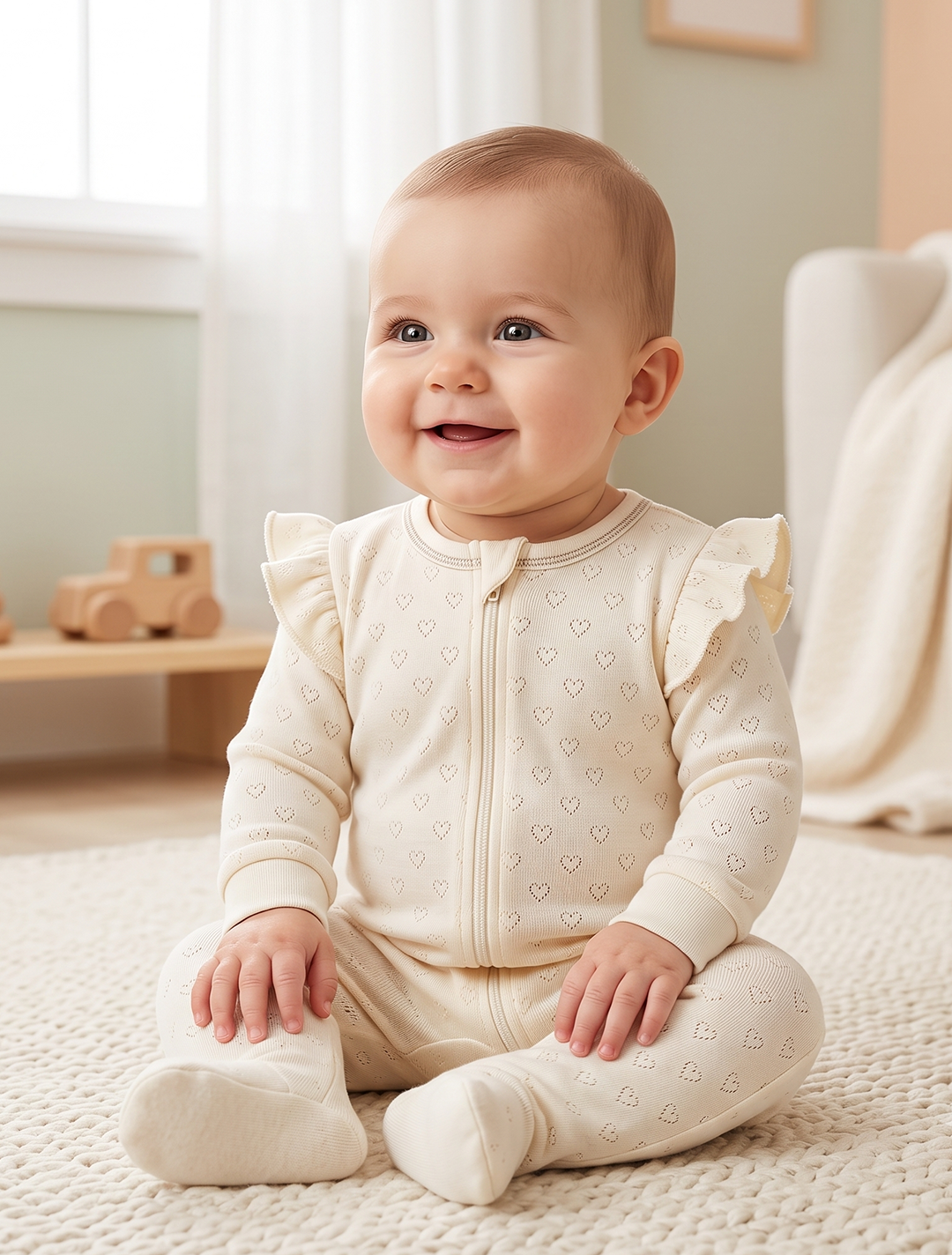 Beige pointelle ruffles sleepsuit