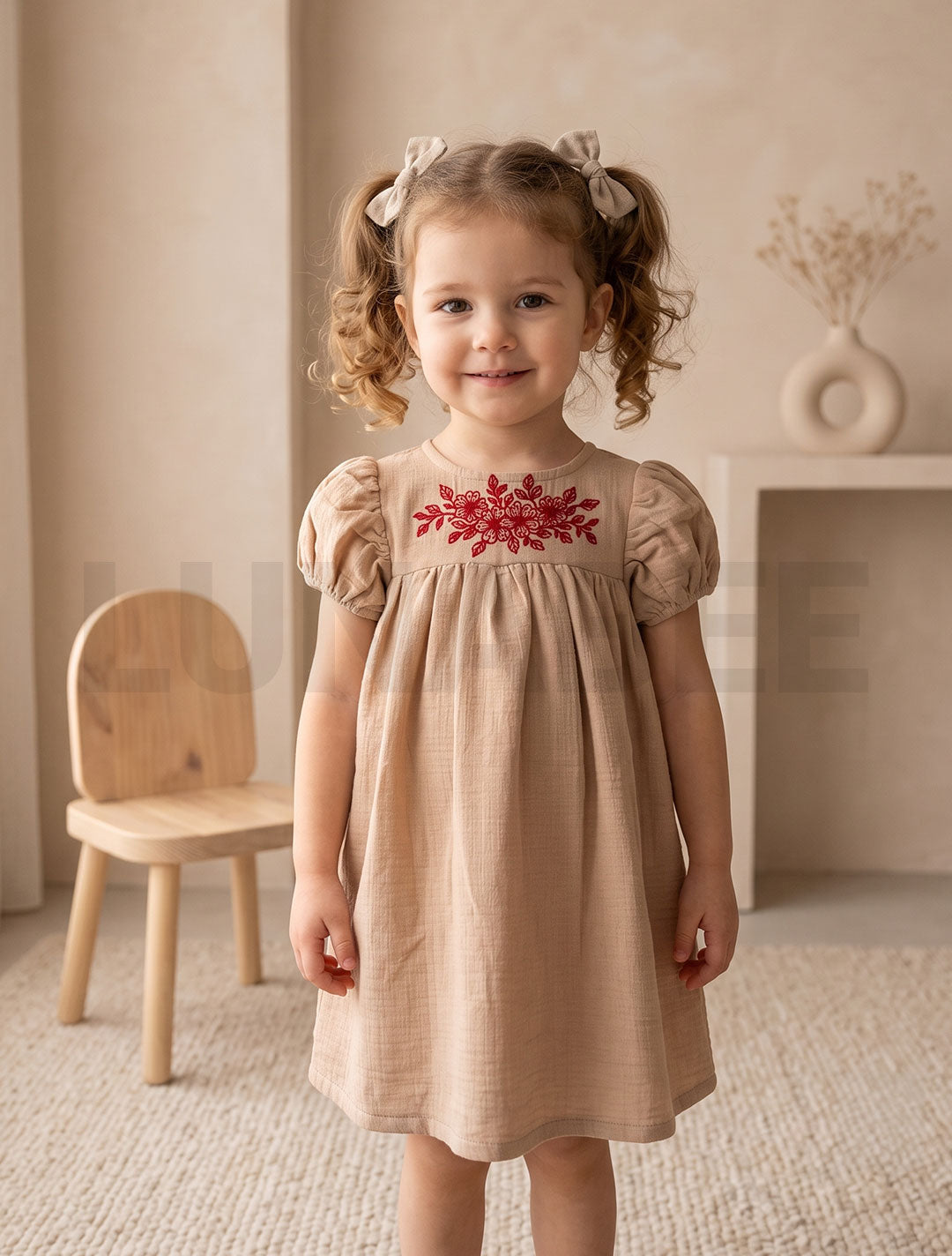 Beige puff sleeve floral embroidered frock