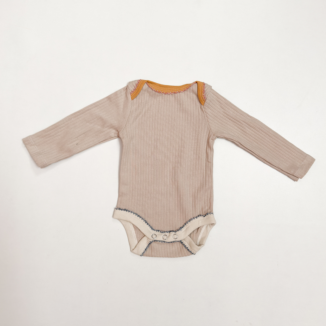 BEIGE RIBBED YELLOW BORDER ONESIE
