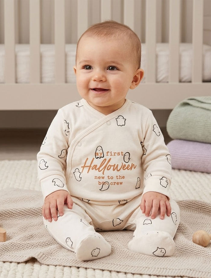 Off white printed button sleepsuit