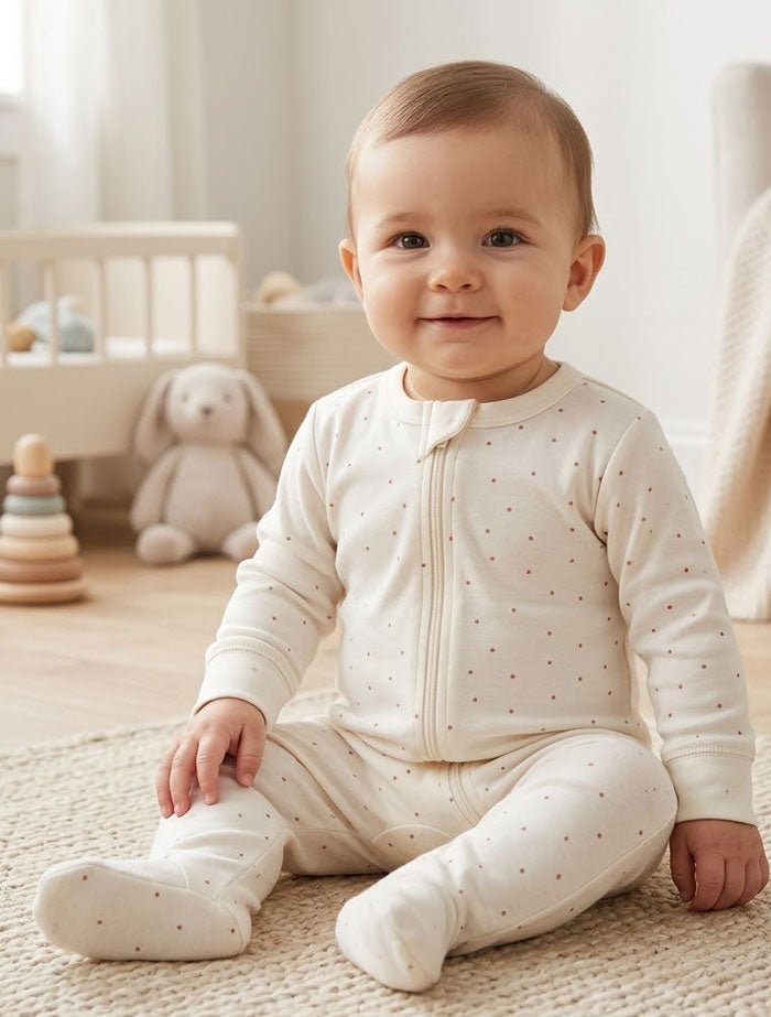Off white pink polka dotted zipper sleep suit