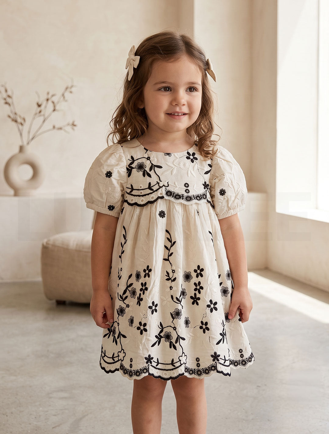 Black floral embroidered puff sleeve dress