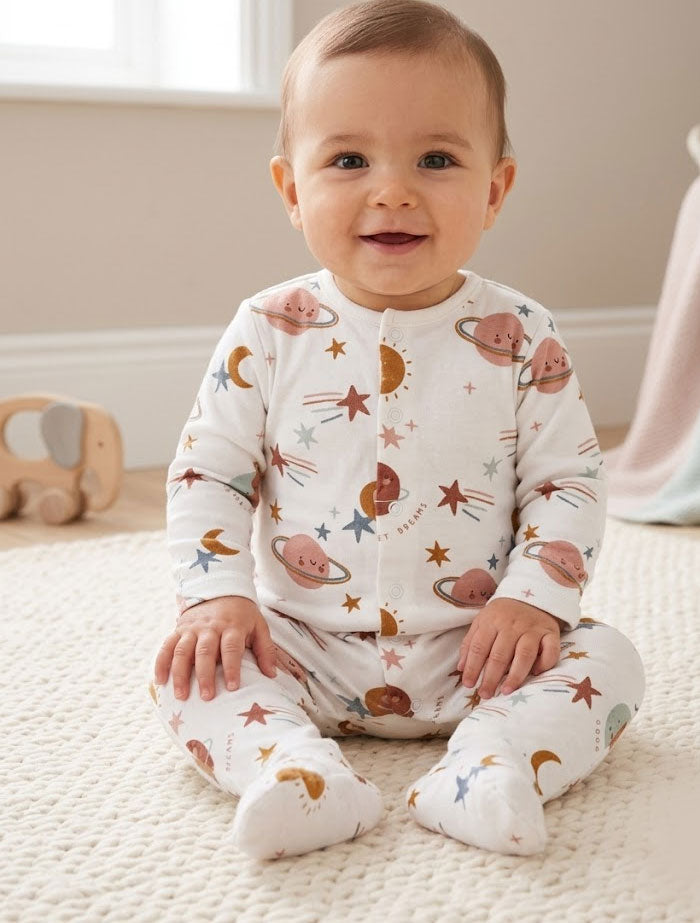 White printed button sleepsuit