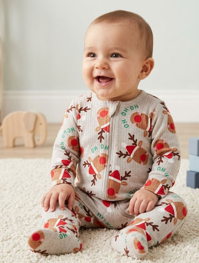 Beige HO HO printed ribbed sleepsuit
