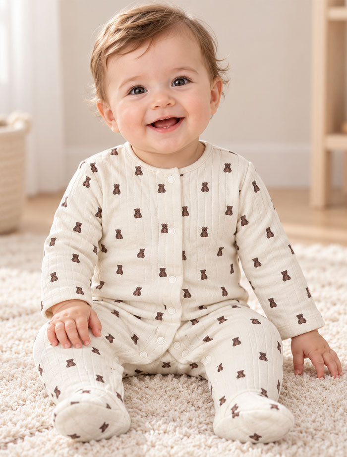 Beige bear quilted sleep suit