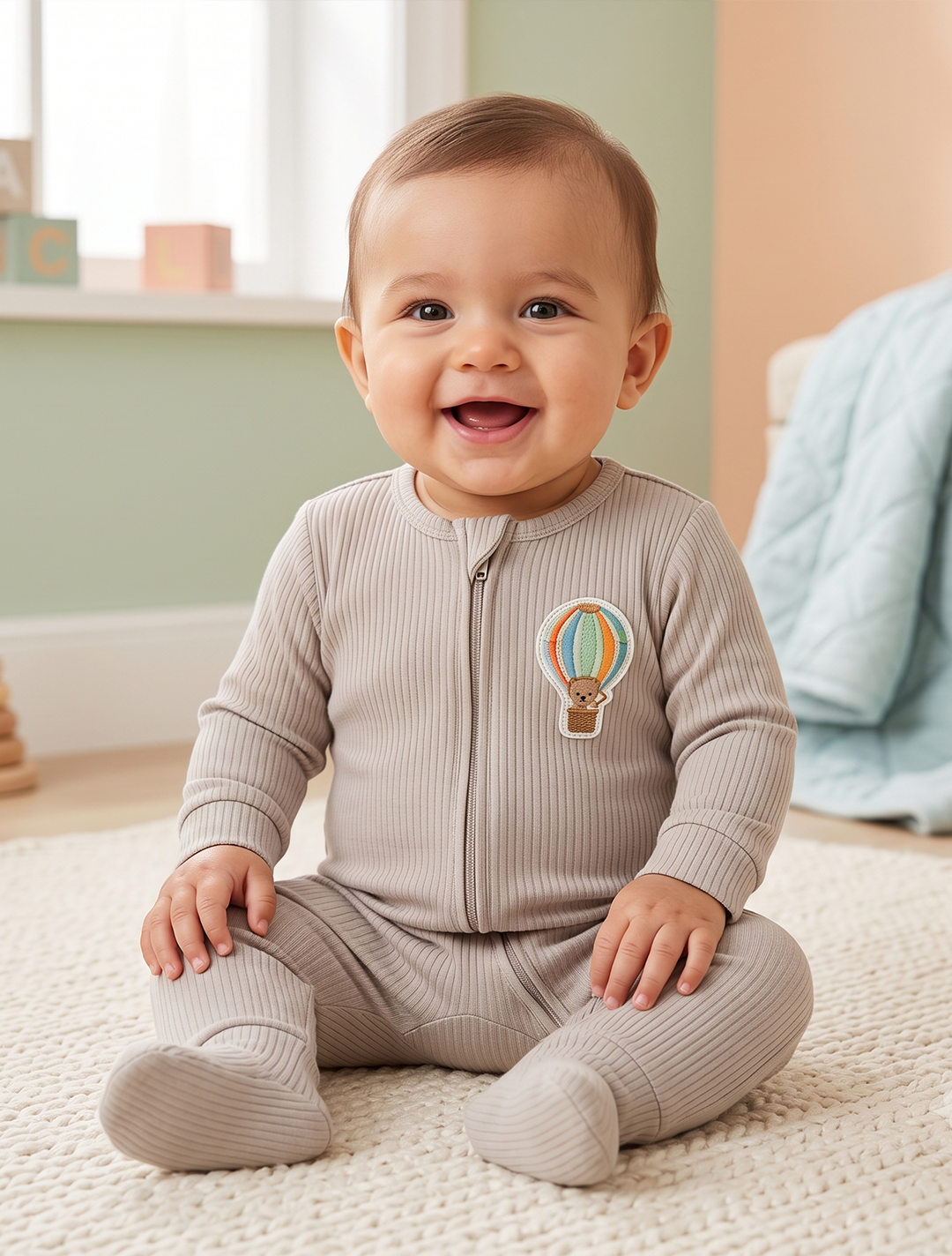 Beige unisex ribbed zipper sleepsuit