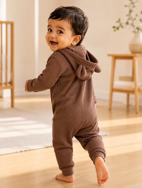 Brown hooded zipper romper