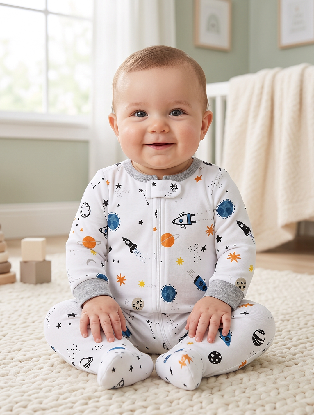 White printed zipper sleepsuits