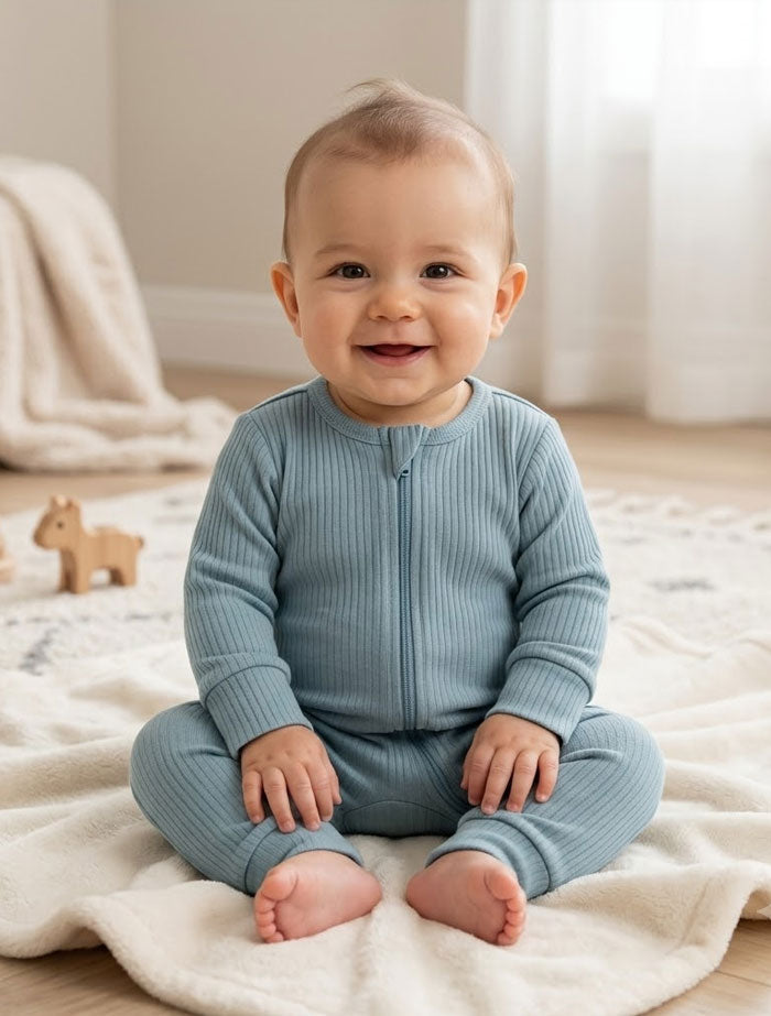 Teal blue ribbed 2 way zipper romper