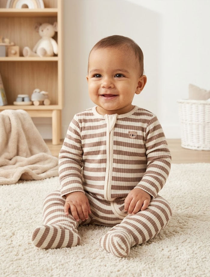Beige brown ribbed 2 way zipper sleep suit