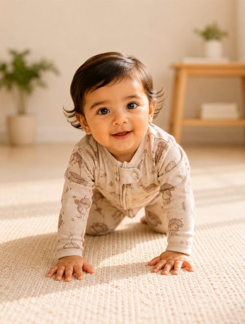 Beige zipper printed sleepsuit
