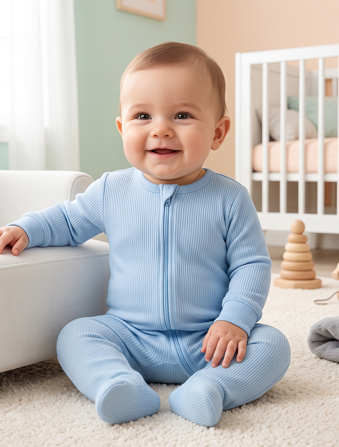 Powder blue ribbed sleepsuit