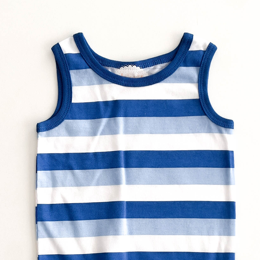 BLUE AND WHITE LINED SLEEVELESS ONESIE