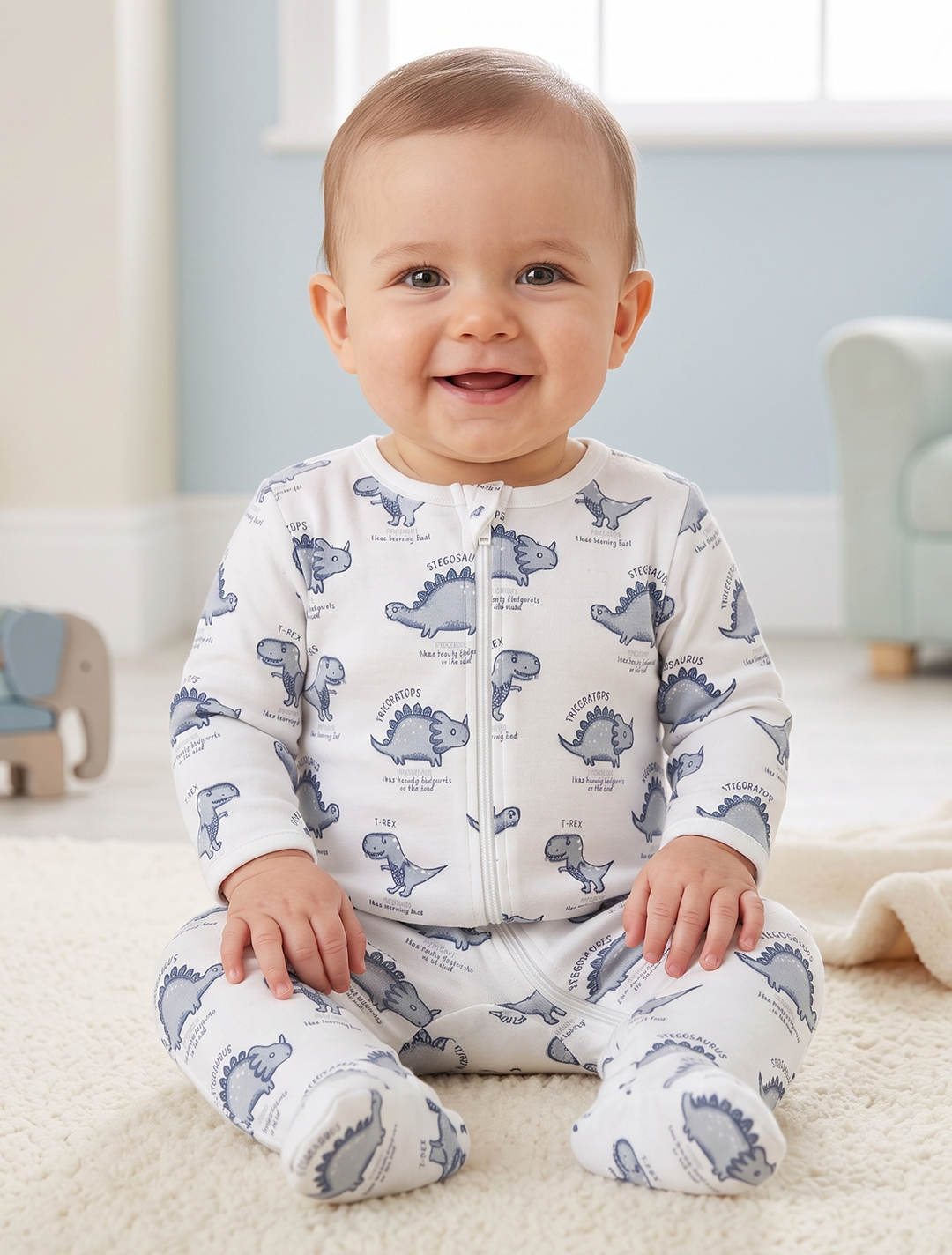 White dino printed zipper sleepsuit