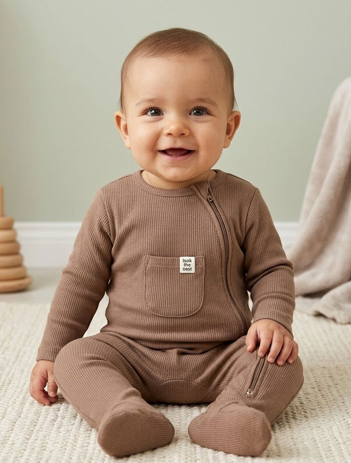 Brown ribbed 2 way zipper sleep suit